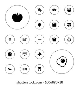 Editable vector healthy icons: field, apple, wheat, bread, cucumber, floor scales, nurse hat, bandage, hospital, egg, currant, mulberry, fit ball on white background.
