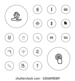 Editable vector hold icons: cloth pin, home care, clamp, money, yuan, holding globe, hands holding heart, touchscreen, photos on rope, hand with key on white background.