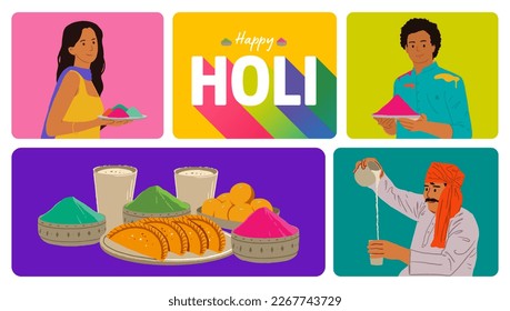 Editable vector for Holi colors, Holi food, and people with happy Holi text set for the Indian festival Holi.