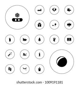Editable vector holiday icons: restaurant table, socks, snowflake, balloon, candle, plastic ball, ice cream in can, dollar card, pine-tree, angel on white background.