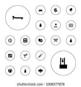 Editable vector holiday icons: socks, golf putter, christmas tree, cake, pine-tree, heart baloons, candy cane, champagne, easter egg, disco ball on white background.