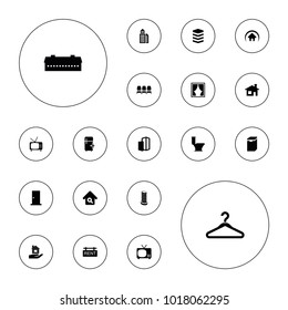 Editable vector home icons: barn, house building, door, toilet, clean fridge, tv, home search, rent tag, building, business center building, hanger, chair on white background.