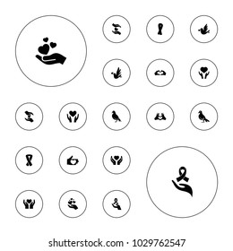 Editable vector hope icons: dove, ribbon, heart on hand, hands holding heart on white background.