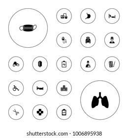 Editable vector hospital icons: paints, lungs, blod pressure tool, pill, drop counter, bed, stomach, heartbeat clipboard, man with broken arm on white background.