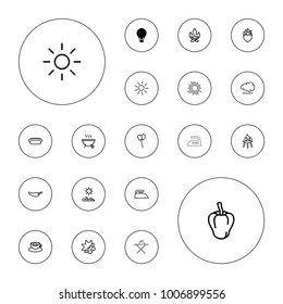 Editable vector hot icons: air balloon, sun, pepper, balloon, iron, bonfire, cup with heart, heart in fire, hot dog, bbq, cold and hote mode on white background.