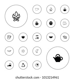 Editable vector hot icons: coffee, soup, fast food cart, teapot, pan, egg, sun, bonfire, pepper, pie, tea cup, cup, sausage, sweating emot, pot on white background.