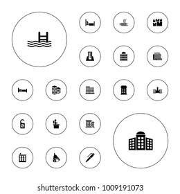 Editable vector hotel icons: bed, building, building   isolated  sign symbol, business center, pool, bell, hotel, airport desk, do not disturb on white background.