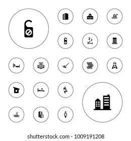 Editable vector hotel icons: building, do not disturb, maid, medical bed, house building, pool ladder, hotel, bed, mop, towels, zzz on white background.