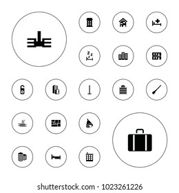 Editable vector hotel icons: building, mop, do not disturb, bed, lugagge, bell, house building, zzz, pool, luggage on white background.