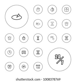 Editable vector hour icons: 24 hours support, stopwatch, hourglass, wall clock, digital time, sundial, 24 hours, digital clock on white background.