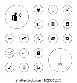 Editable vector housework icons: cleaning tools, dustpan, broom, washing machine, sponge, vacuum cleaner, spray bottle, mop on white background.