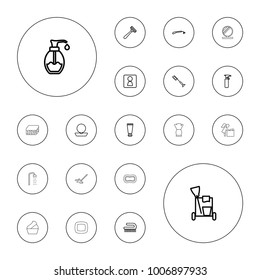 Editable vector hygiene icons: woman wc, cream tube, razor, spray bottle, powder, cleaning tools, toothbrush, clean brush, soap, baby changing room, cream on white background.