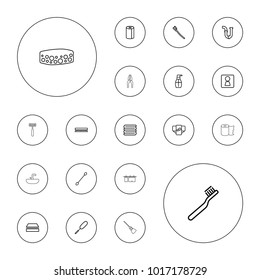 Editable vector hygiene icons: woman wc, diaper, toothbrush, cotton buds, sponge, towels, bottle soap, dust brush, paper towel, clean brush, pipe on white background.