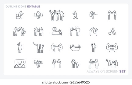An editable vector icon file in solid and outline styles, based on stick figures using smartphones in everyday life moments