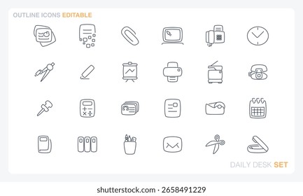 Um arquivo de ícone de vetor editável em estilos sólidos e de contorno, com base em objetos diários do Office.