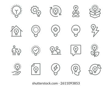 Editable Vector Icon Set in Line Style on Innovation and Thinking Concepts.
Includes lightbulb, gear, brain, puzzle pieces, and thought bubble icons, ready for use.