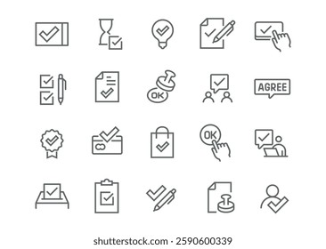 Editable vector icon set in linear style for approval and verification. Includes checkmarks, documents, certificates, cards, communication, and agreement buttons. Icons are versatile and ready for use