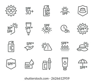 Editable Vector Icon Set for Sun Protection in Linear Style. The set features icons representing the sun, sunscreen, hats, sunglasses, and UV protection, all harmoniously proportional.