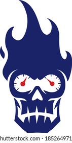 editable vector icon of a simple flaming skull with speedometer eyes.