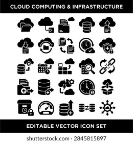 Editable vector icons depicting cloud computing infrastructure and services