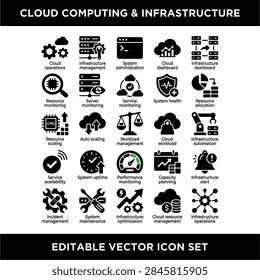 Editable vector icons depicting cloud computing infrastructure services and management concepts