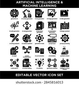 Editable vector icons depicting various artificial intelligence and machine learning concepts