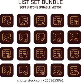 Editable Vector Icons Displaying List Set Bundle with Checklist Options and Management Features for Digital User
