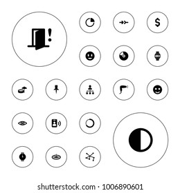 Editable vector  icons: hair dryer, smile, connection, loading, pie chart, brightness, eye, door warning, inflatable pool and umbrella, call, cd on white background.