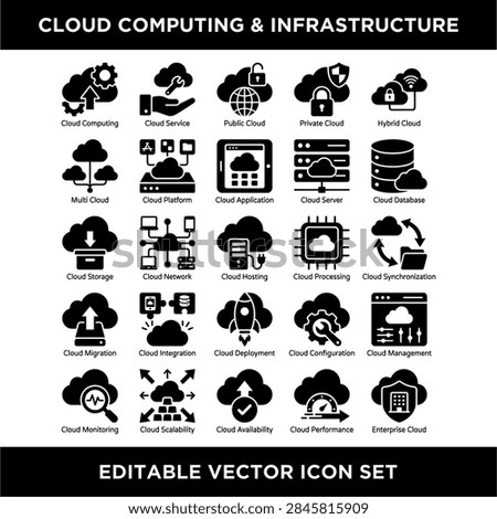 Editable vector icons illustrating various cloud computing infrastructure concepts and services