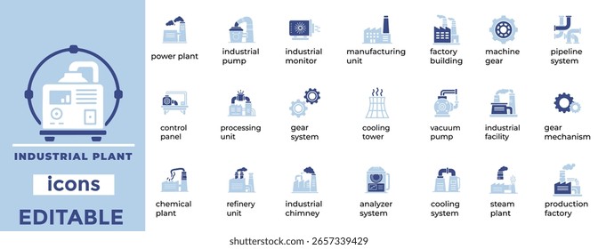 Ícones vetoriais editáveis de plantas industriais com design limpo e mínimo para fábricas, produção e visuais de infraestrutura.