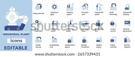 Editable vector icons of industrial plants with clean, minimal design for factories, production, and infrastructure visuals.