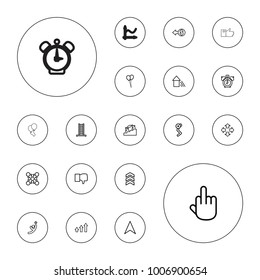 Editable vector up icons: ladder, balloon, dislike, coin, move, clock alarm, middle finger, roundelay, man doing exercises, stairs, navigation arrow on white background.