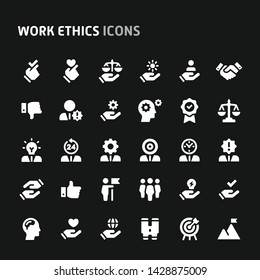 Editable vector icons related to employment & work ethic. Symbols such as teamwork, morality, proficiency, leadership and empathy are included. Still looks perfect in small size.