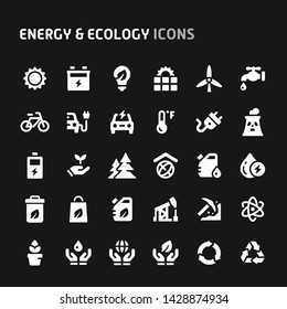 Editable vector icons related to energy and ecology. Symbols such as green and eco-friendly energy are included in this set. Still looks perfect in small size.