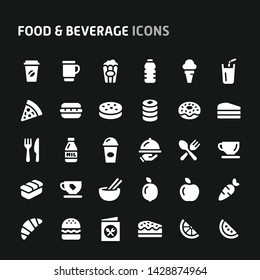 Editable vector icons related to foods and beverages. Symbols such as vegetables and snacks are included in this set. Still looks perfect in small size.
