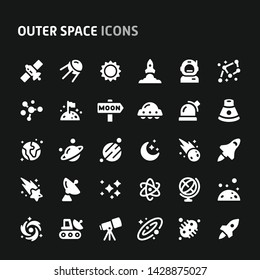 Editable vector icons related to galaxy and outer space. Symbols such as planets, stars and solar system are included in this set.  Still looks perfect in small size.