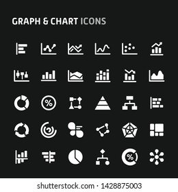 Editable vector icons related to graph & chart used in statistic and infographic. Symbols such as bar, line, pie, & scatter graphs are included. Still looks perfect in small size.
