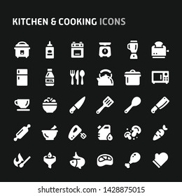 Editable vector icons related to kitchen and cooking. Symbols such as kitchen utensils, food and cuisine are included in this set.  Still looks perfect in small size.