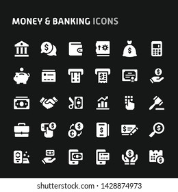 Editable vector icons related to money and banking. Symbols such as money, banking and financial are included in this set. Still looks perfect in small size.