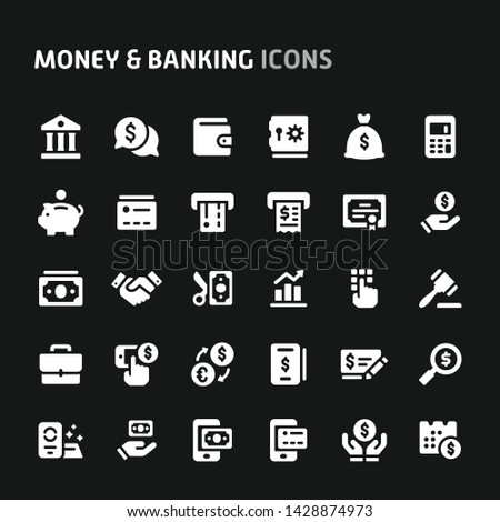 Editable vector icons related to money and banking. Symbols such as money, banking and financial are included in this set. Still looks perfect in small size.