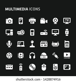 Editable vector icons related to multimedia. Symbols such as audio-video, telecommunication and entertainment device are included in this set. Still looks perfect in small size.