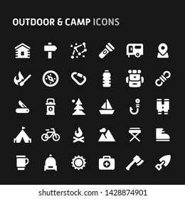 Editable vector icons related to outdoor activity and camp. Symbols such as outdoor equipment and activity are included in this set. Still looks perfect in small size.