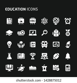 Editable vector icons related to school and education. Symbols such as stationery, school activities and equipment are included in this set.  Still looks perfect in small size.