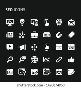 Editable vector icons related to search engine optimization ( SEO ). Symbols such as dashboard, statistic, analysis and strategy are included. Still looks perfect in small size.