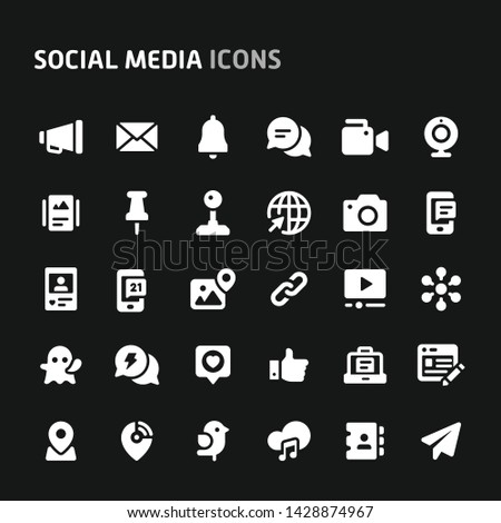 Editable vector icons related to social media and networking. Symbols such as interaction & collaboration in virtual networks are included. Still looks perfect in small size.