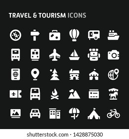 Editable vector icons related to travel and tourism. Symbols such as accommodation, transportation and tourism sites are included in this set. Still looks perfect in small size.