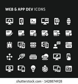 Editable vector icons related to web & app development. Symbols such as code editor, IDE, and other programming related items are included. Still looks perfect in small size.