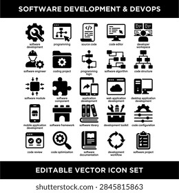 Editable vector icons representing software development and DevOps processes visually