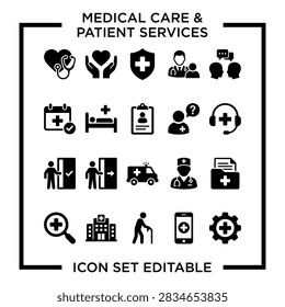Editable vector icons representing various medical care and patient services concepts.