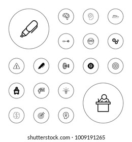 Editable vector idea icons: target, gear, pen, teacher, nerd emoji, brain, bulb, head with keyhole, warning, arrows in target, electric circuit on white background.